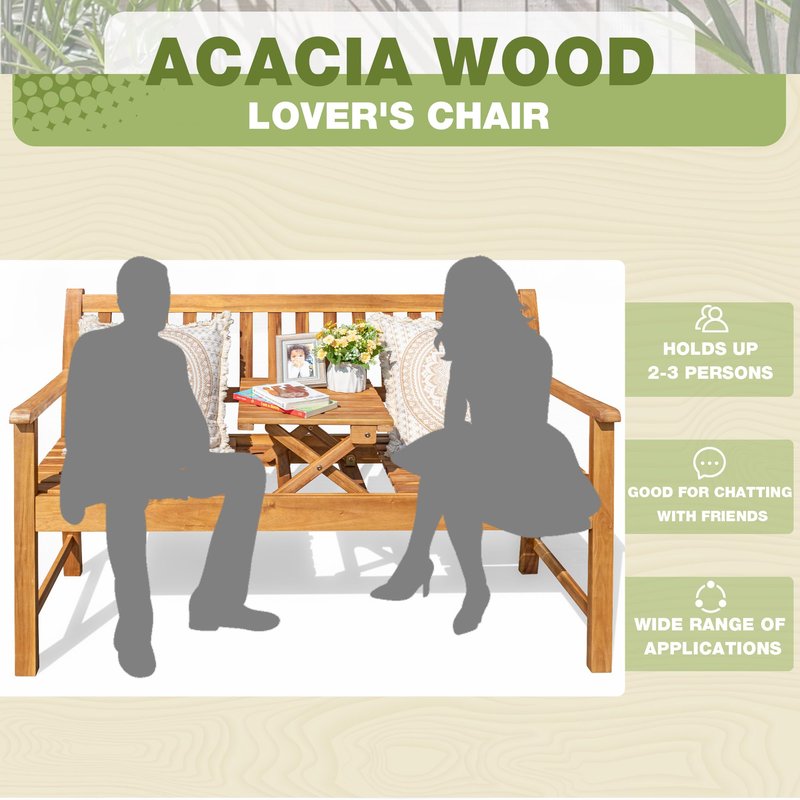 Greesum Outdoor Bench 2-Person Acacia Garden Chair Patio Porch Furniture with Foldable Small Table Plate for Deck, Yard, Balcony, Natural