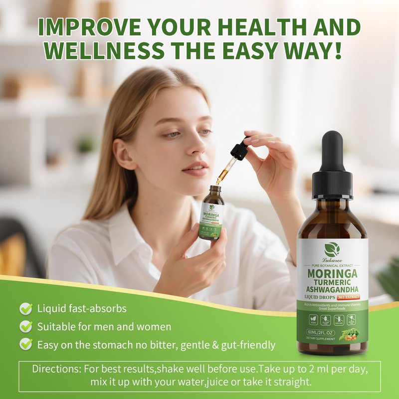 12-in-1 Organic Moringa Drops with Ashwagandha Turmeric Quercetin, Lipsomal 98% Absorption & Extract for Energy Immune Joint Digestive Metabolism, Vegan Non-GMO, More Potency Than Moringa Powder