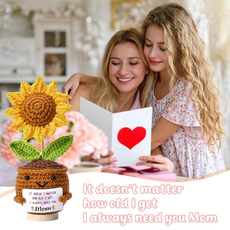 OEAGO Gifts for Mom Mothers Day: from Daughter Son Kids Mini Gifts for Mom Mama Handmade Crochet Cute Small Sunflowe Doll Gift with Base Birthday Present Idea for Mother Knitted Decor 6.69 x 2.75inch