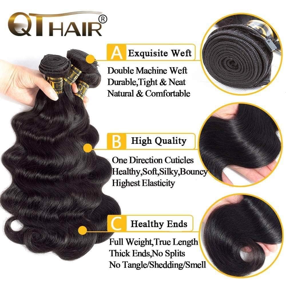 QTHAIR 14A Body Wave Bundles with Closure Human Hair (10 10+10) Brazilian Human Hair Bundles with 4x4 HD Lace Closure Free Part 100% Unprocessed Virgin Hair Body Wave Bundles Natural Color