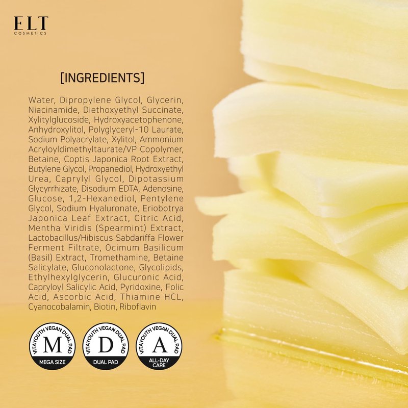 ELT Multi Vitamin Mega Dual Sized Toner Pads - 100% Vegan Certified with Niacinamide for Uneven Skin Tone - Cleansing & Deep Hydrating Dual Sided Toner Pads - Korean Skin Care, 80 Pads, Eltcosmetics