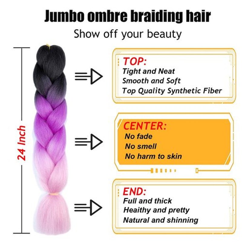TENGSHUO FLY Black Dark Purple Light Purple Braiding Hair 3 Packs Synthetic Braid Hair Extensions Ombre Braiding Hair 24"or Box Braids Twist Crochet Braids(24"3Pack,Black-Dark Purple-Light Purple)