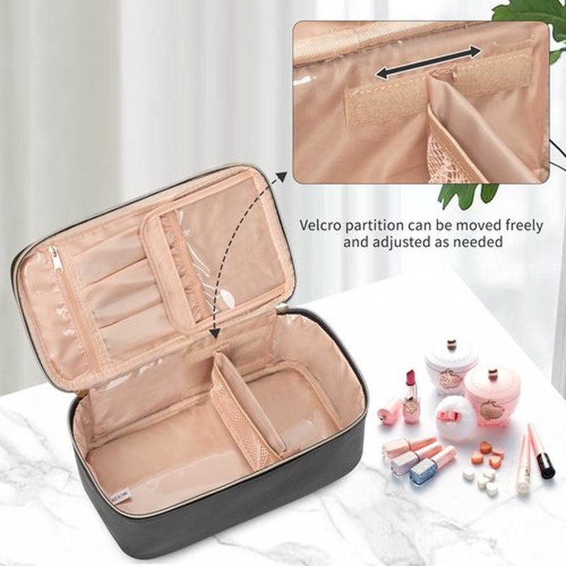 OCHEAL Makeup Bag, Travel Makeup Bag Organizer Waterproof Cosmetics Make Up Bag,Toiletry Bag for Women,Large Capacity for Girls Daily Use Dorm Room Storage with Brush Comparment Dividers -Black