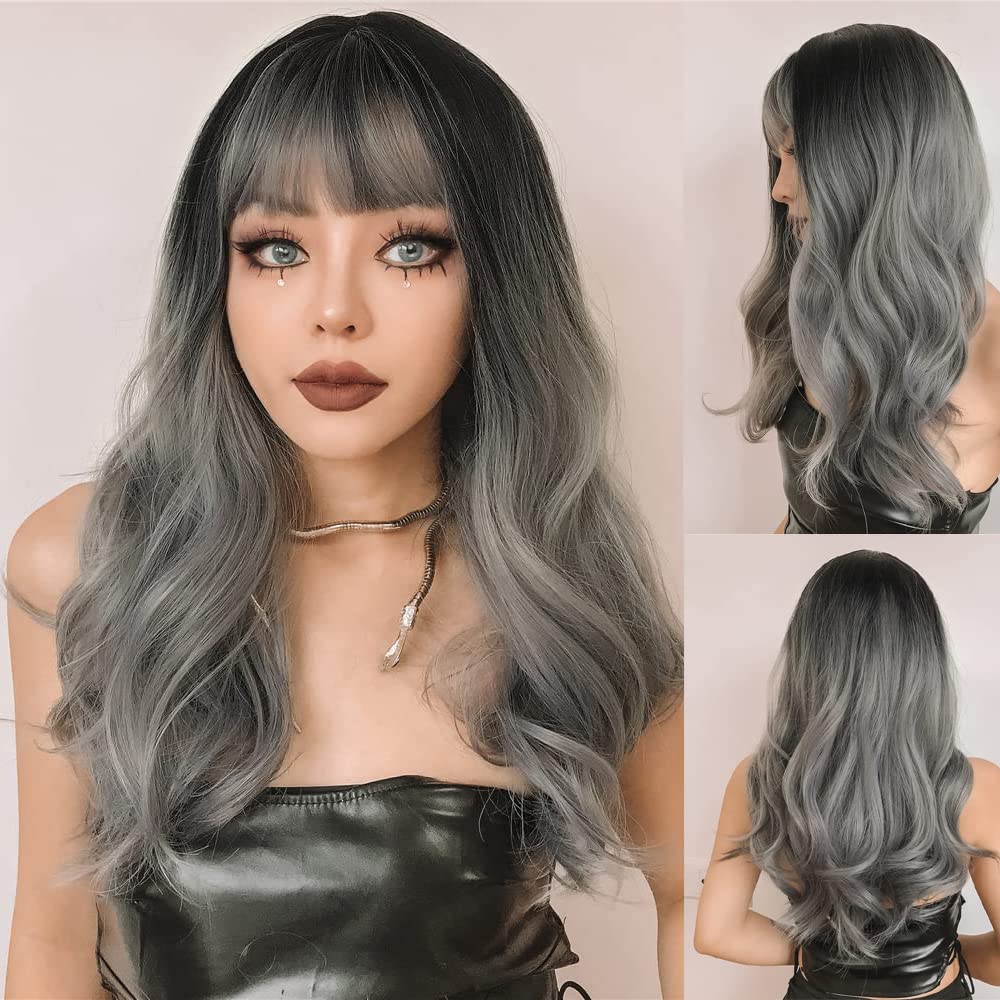 ISHINE Long Wavy Grey Wigs, Omber Gray Curly Wigs for Women, Natural Looking Synthetic Wig with Bangs, Hair Replacement Wigs for Daily Cosplay Party Halloween Costume 24 inch