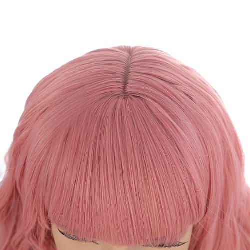 DUDUWIG Girls Pink Wig with Air Bangs Kids Short Lovely Pink Wavy Curly Wigs Child Light Pink Wig Synthetic Cosplay Hair Wig