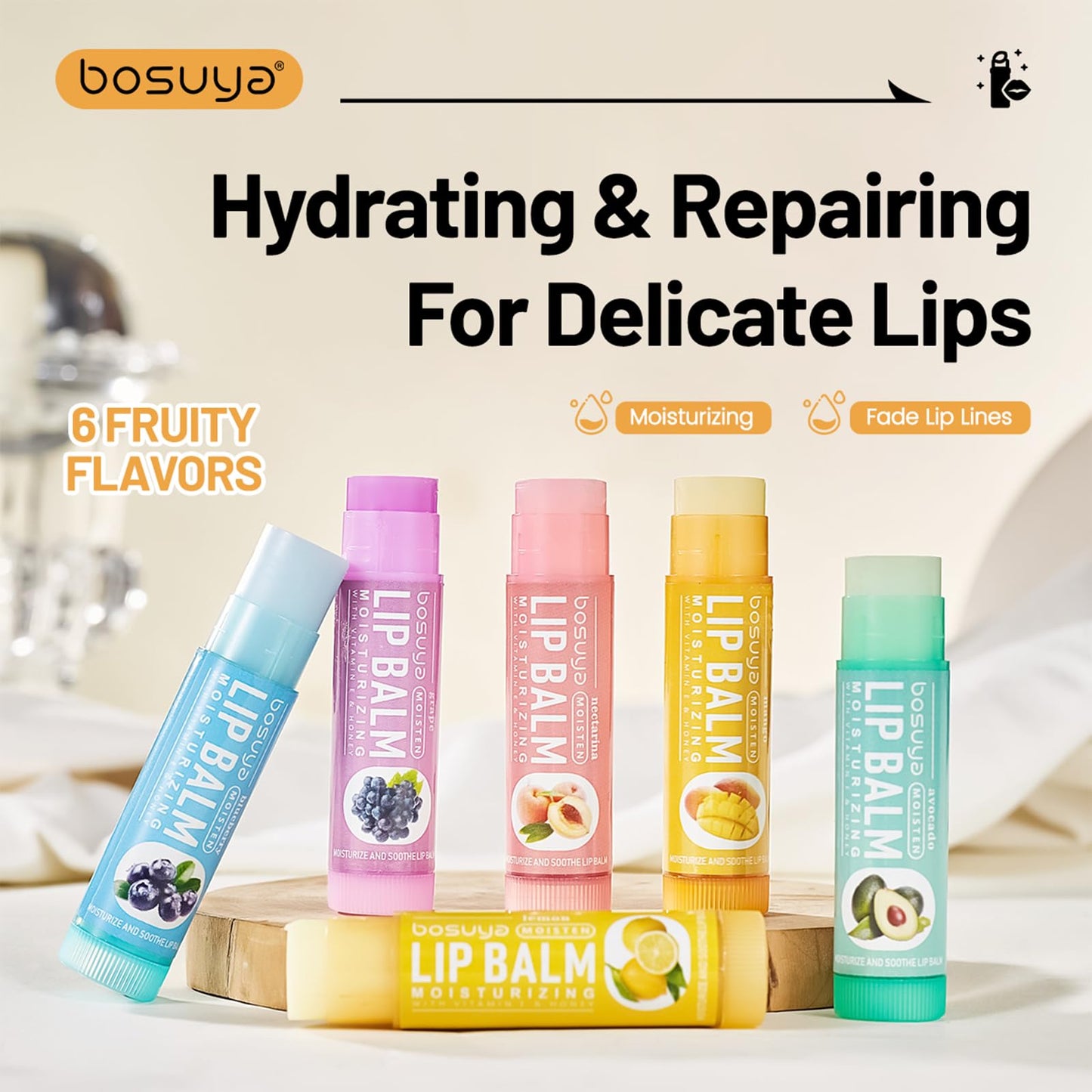 6 Flavors Lip Balm Set-Gentle Hydration for Dry & Sensitive Lips, All-Day Moisture Hydrating & Repairing for Delicate Lips Smooth Non-Greasy