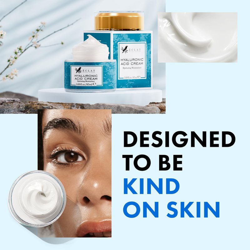 Eclat Skincare Hyaluronic Acid Cream – Hydrating Moisturizer with Ceramides & Vitamin B5 - Hyaluronic Acid Moisturizer for Soothing Dull & Dry Skin - Anti Aging Face Cream for Women and Men 50 ml
