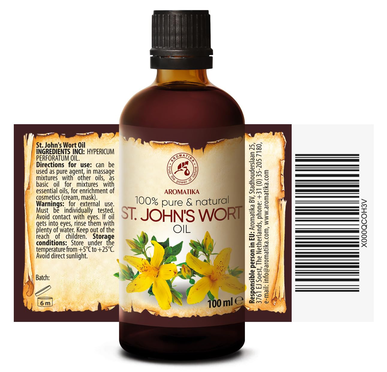 AROMATIKA St Johns Wort Oil 6.8 oz (2 * 100ml) - Hypericum Perforatum - Carrier Oil for Essential Oils - Oil for Skin - Hair Oil - Body Oil - Face Oil - Bath Oil