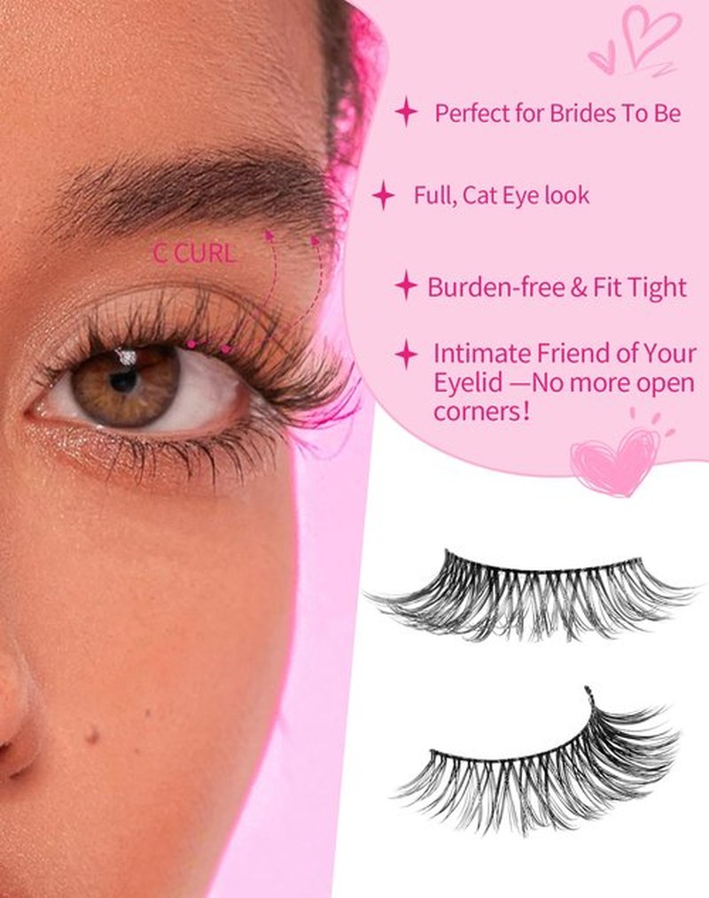 Natural Cat Eye Lashes Wispy Eyelashes 10mm Fluffy Fake Lashes that Look Like Extensions 3D C Curl Simple False Lashes 53-GIRL CODE