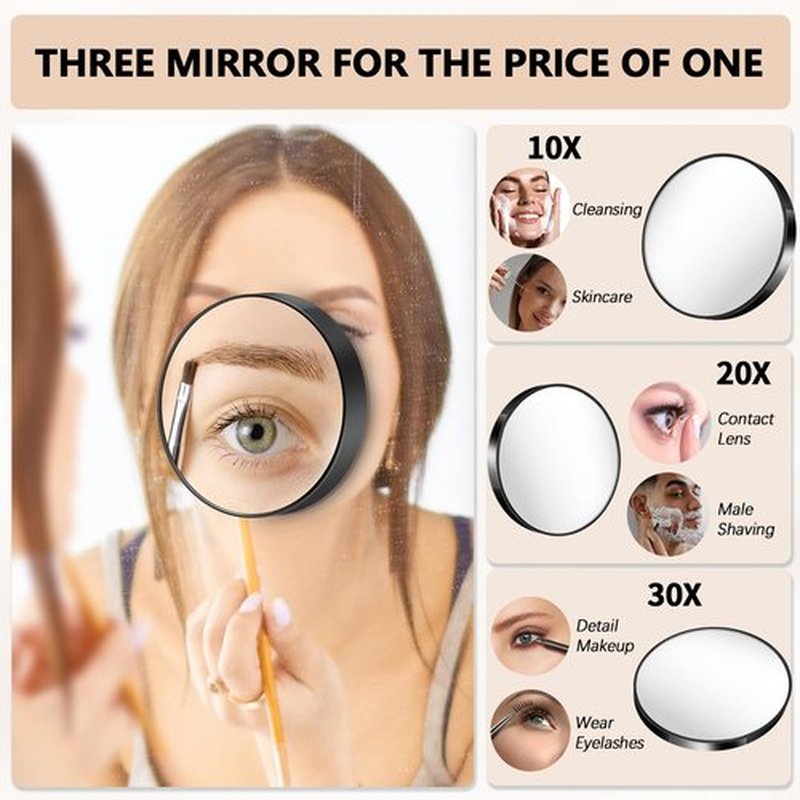 Magnifying Mirror, 10X & 20X & 30X Set, Magnified Mirror 3.5" with Two Suction Cups, Travel Magnifying Mirror Set Comes with Portable Storage Bag, Compact Small Magnifying Mirror for Travel(White)