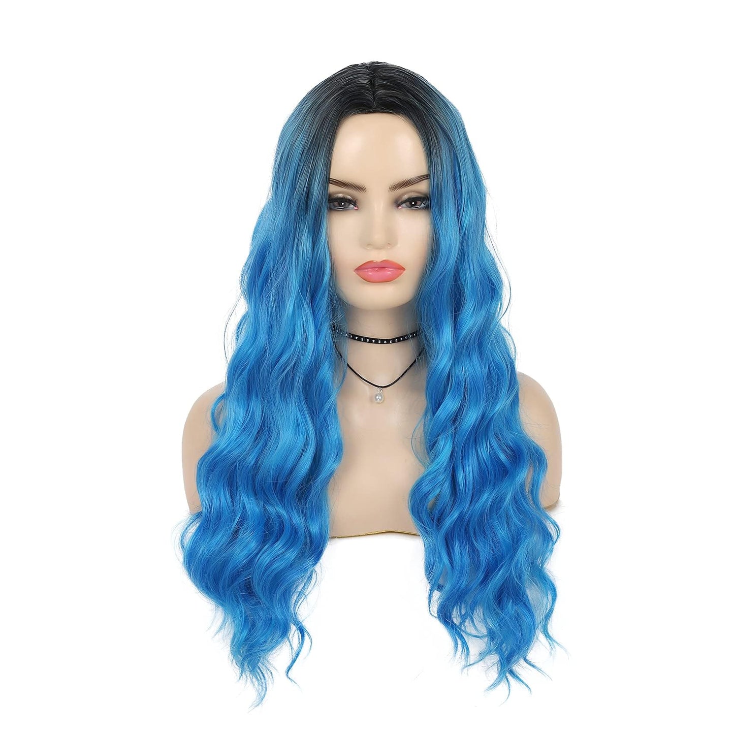 Kaneles Blue Wigs for Women Ombre Long Blue Fluffy Curly Wavy Colorful Wigs for Daily Party Cosplay