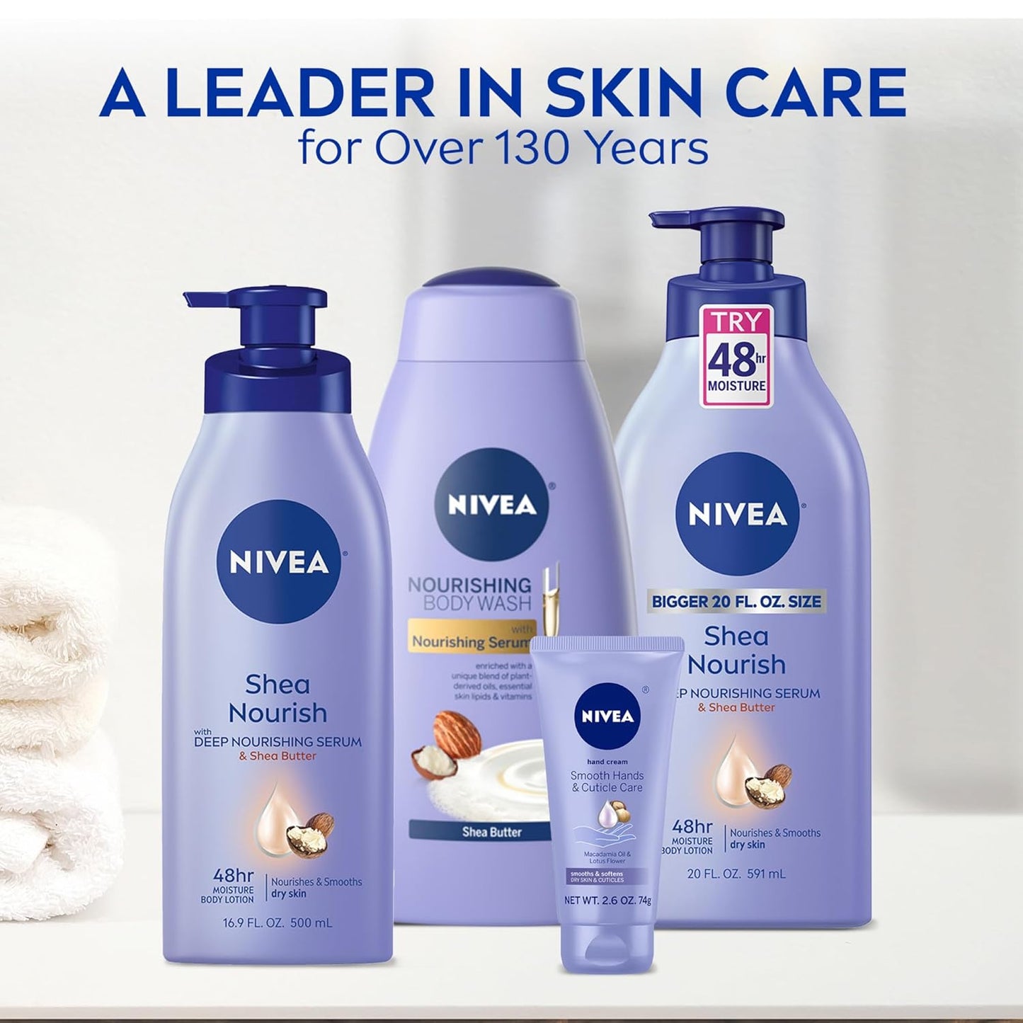 NIVEA Shea Nourish Body Lotion for Dry Skin with Hyaluronic Acid, Shea Butter and Deep Nourishing Serum, 48-Hour Body Moisturizer, 2.5 Fl Oz Bottle, Pack of 6