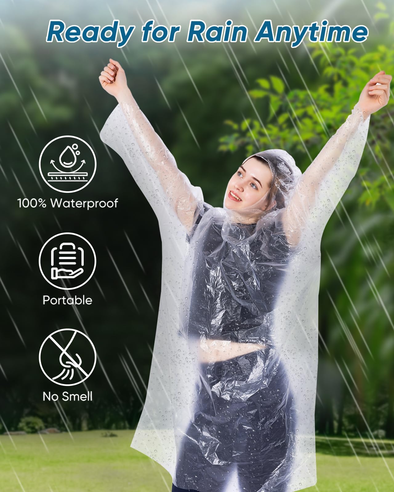 SmileLucky 100 Pack Disposable Rain Ponchos with Hood for Adults, Family Pack Raincoats Bulk for Women and Men