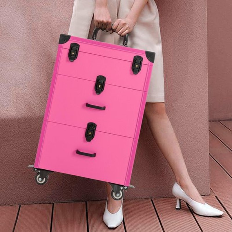 QUEWATSA Rolling Makeup Case with Drawers&4 Wheel, Cosmetic Case Trolley, Make Up Suitcase Cosmetic Trolley, Portable Multifunction Makeup Suitcase, Jewelry Travel Cosmetic Train Case (Rose Red)