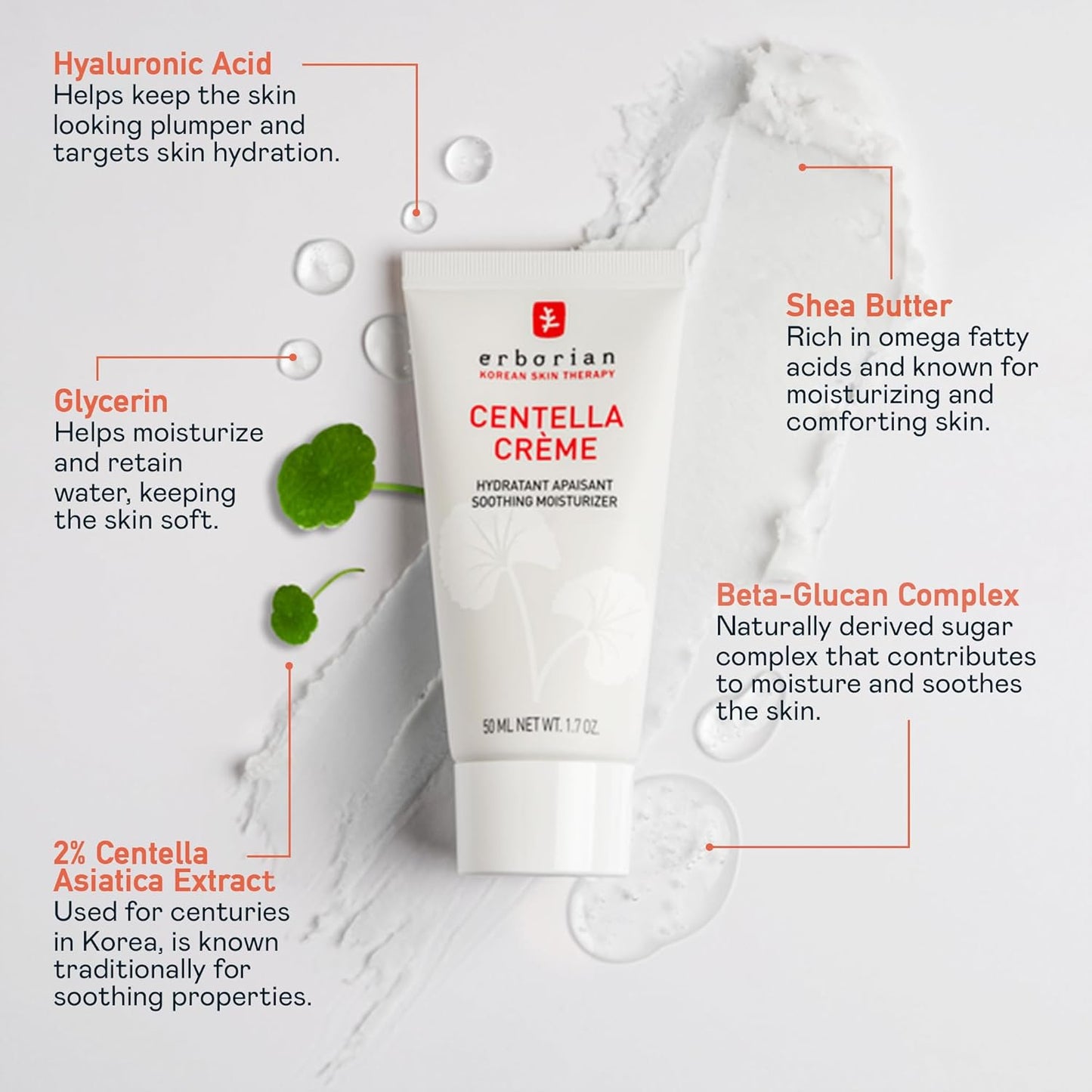 Erborian Face Moisturizer Cream Centella Cream - Ultra Light-Weight Facial Moisturizing Cream with Shea Butter, Hyaluronic Acid, Glycerin & Beta Glucan - Soothes & Hydrates Skin - All Skin Types