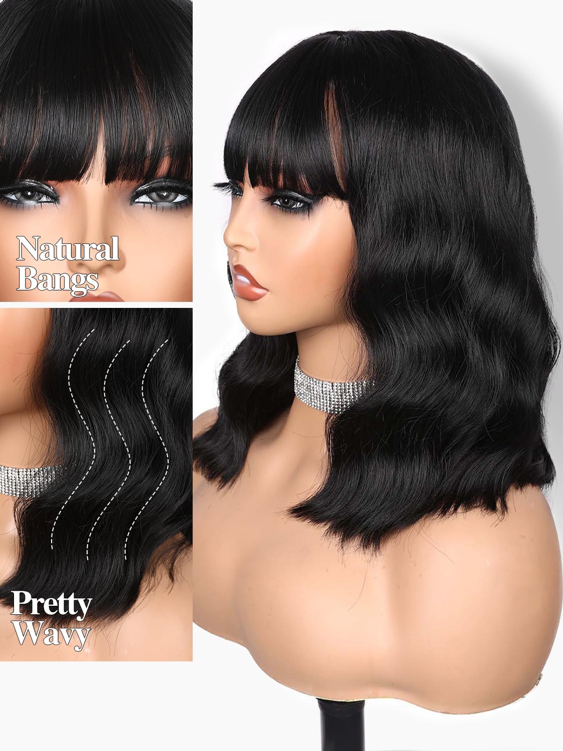 Fancy Hair Black Wavy Bob Wig for Black Women Short Wavy Wig with Bangs Glueless Wear and Go Synthetic Shoulder Length Bob for Girl Women Daily Party Use
