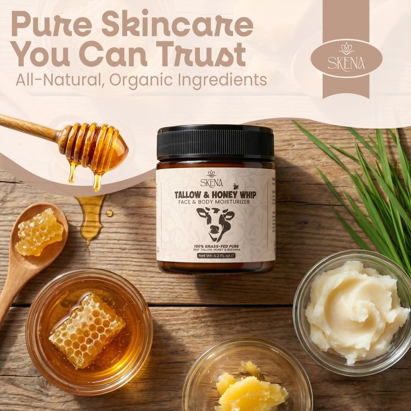 Grass-Fed Beef Tallow Moisturizer with Honey & Beeswax – Whipped Tallow Face Cream for Deep Hydration – Natural Face & Body Balm for Dry, Sensitive Skin – 4.2 oz for Men & Women