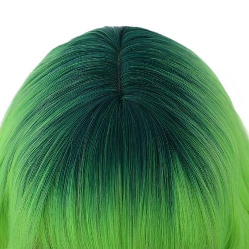 WTHCOS Neon Green Wig Short Curly Wig with Bangs Green Ombre Wig for Women Short Wave Wig Lime Green Wig Synthetic Wigs for Cosplay Costume Party with Wig Cap