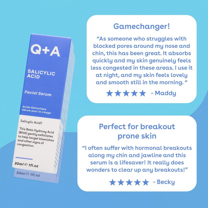 Q+A Salicylic Acid Serum (30ml), Exfoliating, Pore-Minimising and Oil-Controlling Face Serum for Blemish-Prone Skin, Skincare With Salicylic Acid, Succinic Acid and Betaine