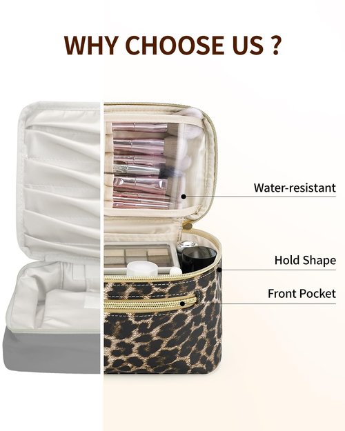 Wandering Nature Makeup Bag, Travel Make Up Organizer Cosmetic Brush Bags Case for Women in Vegan Leather, Leopard Print(Patent Pending)