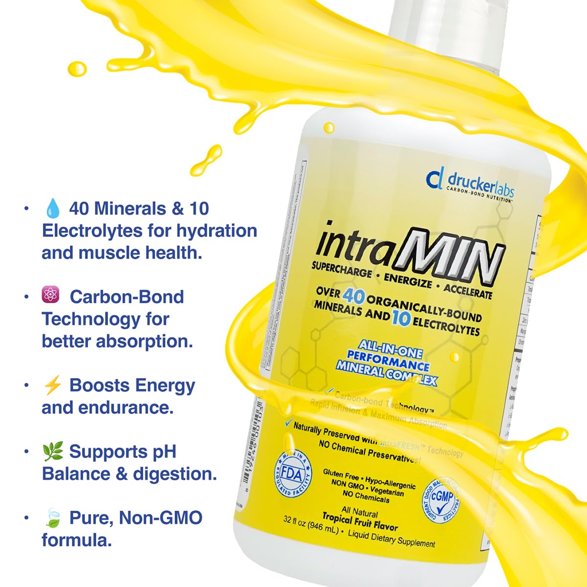 IntraMin Drucker Labs Organic Liquid Minerals Dietary Supplement for Men, Women, Kids, Immune Support, Muscle Support, Non GMO, Gluten Free, Vegan, Electrolytes (32 oz., Tropical Fruit)