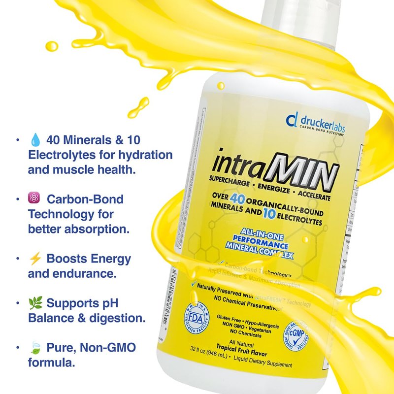 IntraMin Drucker Labs Organic Liquid Minerals Dietary Supplement for Men, Women, Kids, Immune Support, Muscle Support, Non GMO, Gluten Free, Vegan, Electrolytes (32 oz., Tropical Fruit)