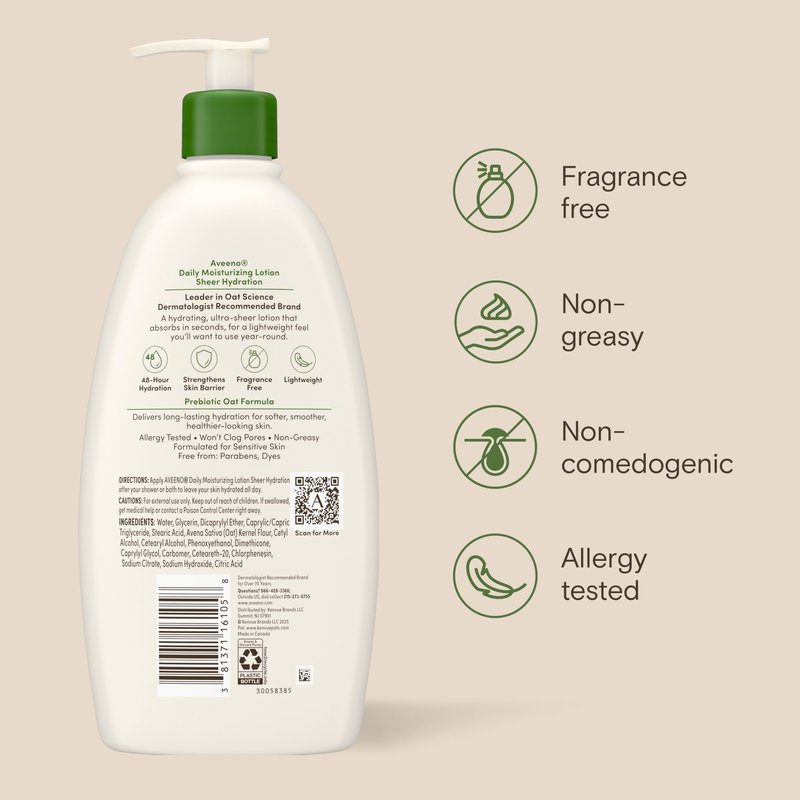 Aveeno Daily Moisturizing Body Lotion for Normal to Dry Skin, Moisturizer with Soothing Prebiotic Oat, Non Greasy, Non Comedogenic, Fragrance Free Body Lotion for Women & Men, 18 Fl Oz