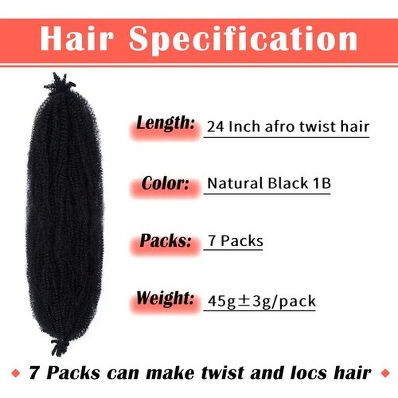 Afro Twist Hair 24 Inch Black 7 Packs Cuban Twist Hair Pre Separated Marley Twist Braiding Hair for Faux Locs Synthetic Springy Afro Kinky Twist Hair Pre Fluffed Spring Twsit Hair Extensions (24",1B)