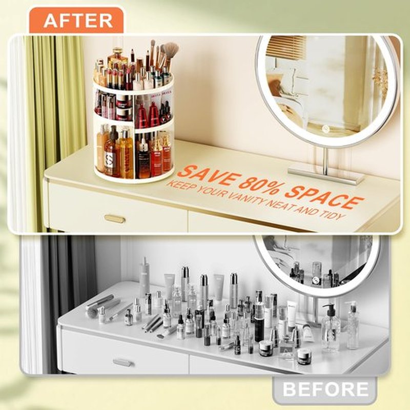Auxmir Rotating Makeup Organizer, DIY 7 Adjustable Layers Spinning Skincare Organizer, Cosmetic Organizer with Brush Holder Perfume Tray, Multi-Function Storage Carousel for Vanity Bathroom Countertop