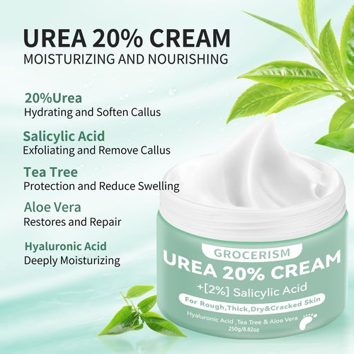 Urea Cream 20 Percent For Feet Plus 2% Salicylic Acid 8.82 oz || Foot Cream and Hand Cream Maximum Strength with Hyaluronic Acid, Tea Tree, and Aloe Vera for Deep Moisturizes, Callus Remover