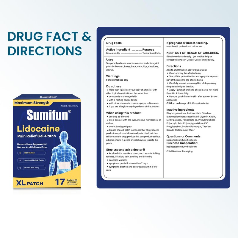 Sumifun Extra Large Lidocaine Patches - 4.72"x7.87" | 4% Lidocaine Maximum Strength for Lower Back & Sciatica | 8-Hour Long Lasting Relief (Extra Large, Count, 17)