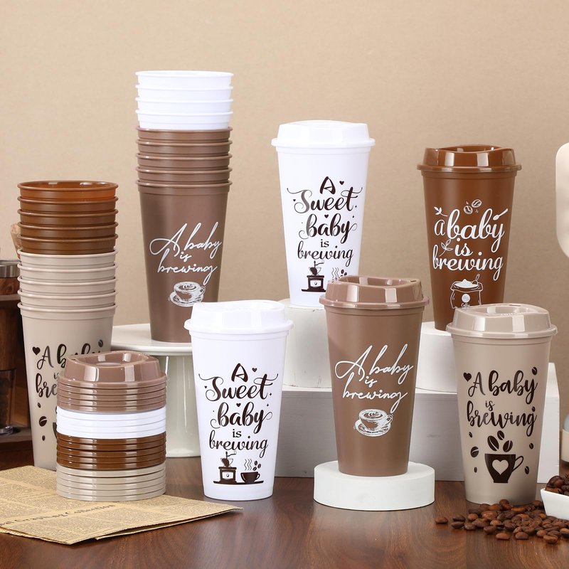 Ferrochef 24 Pcs Baby Is Brewing Cups with Lid 16 oz Babies Is Brewing Baby Shower Decorations Coffee Themed Birthday Tumblers Bulk Plastic Cups for Gender Reveal Party Supplies Guest Gift