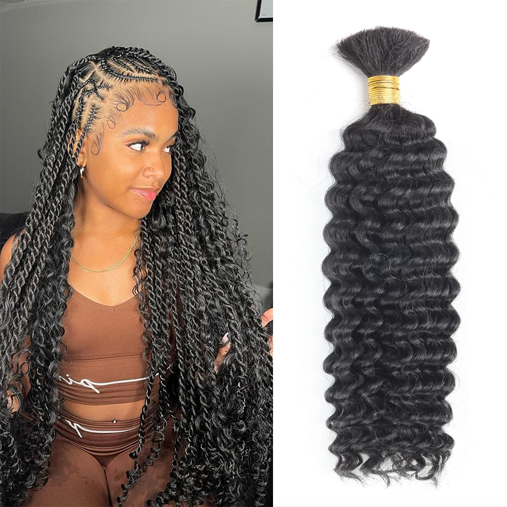 Human Braiding Hair Deep Wave Bulk Human Hair for Braiding 1 Bundle 50g Wet and Wave Deep Curly Braiding Hair for Boho Braids Brazilian Virgin Human Hair Extensions Natural Color