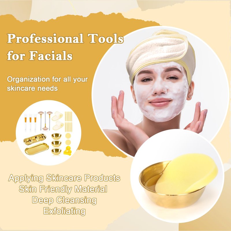 28 Gold Facial Supplies 3 Facial Mask Mixing Bowls 3 Facial Fan Brushes 3 Mask Applicator Brushes 3 Mask Measuring Spoons Skincare Tray 3-Compartment Serving Tray 12 Facial Sponges 2 Spa Headbands