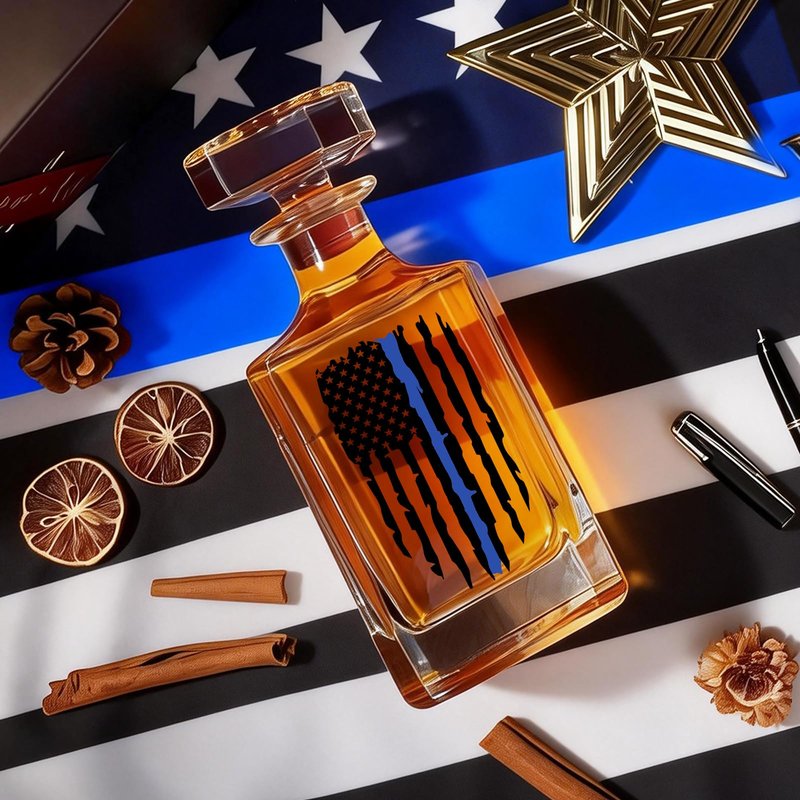 PONPUR Police Officer Gifts for Men, Blue Line Tattered Flag Whiskey Decanter Set with Stones & Glasses, Cool Gifts for Policeman, Retirement & Law Enforcement, Police Academy Graduation Gift