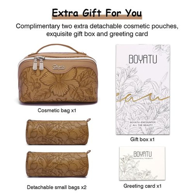 Travel Makeup Bags Cosmetic Organizer Bag: 3-Set Large Capacity Make up Bag - PU Leather Toiletry Bag for Women - Wide Open Portable Pouch with Divider & Handle (01-Z-Brown)