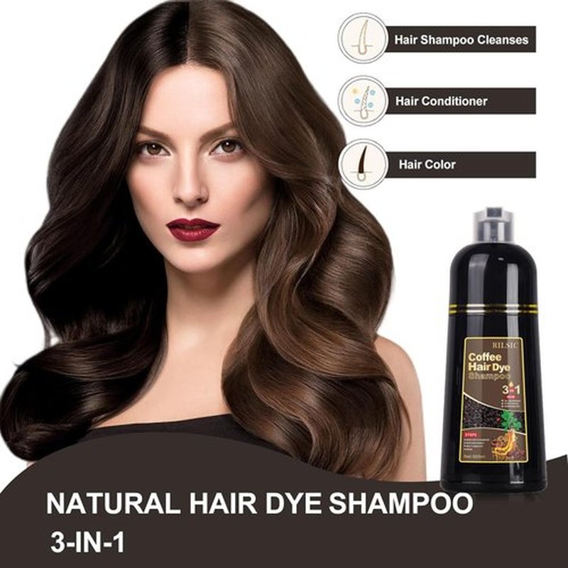 RILSIC Brown Hair Dye Shampoo 3 IN 1, Instant Hair Color Shampoo for Women Men -Natural Hair Dye Shampoo - Grey Hair Coverage, Black Hair Dye Coloring in Minutes(500ML, 17.6 Fl Oz) (Coffee)
