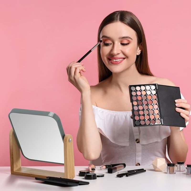 YEAKE Double Sided 3X Magnifying Makeup Mirror with Bamboo Stand,Small Desk Table Mirror with 360° Rotation,Standing Portable Cosmetic Mirror,Good for Shower,Shaving and Traveling-Grey