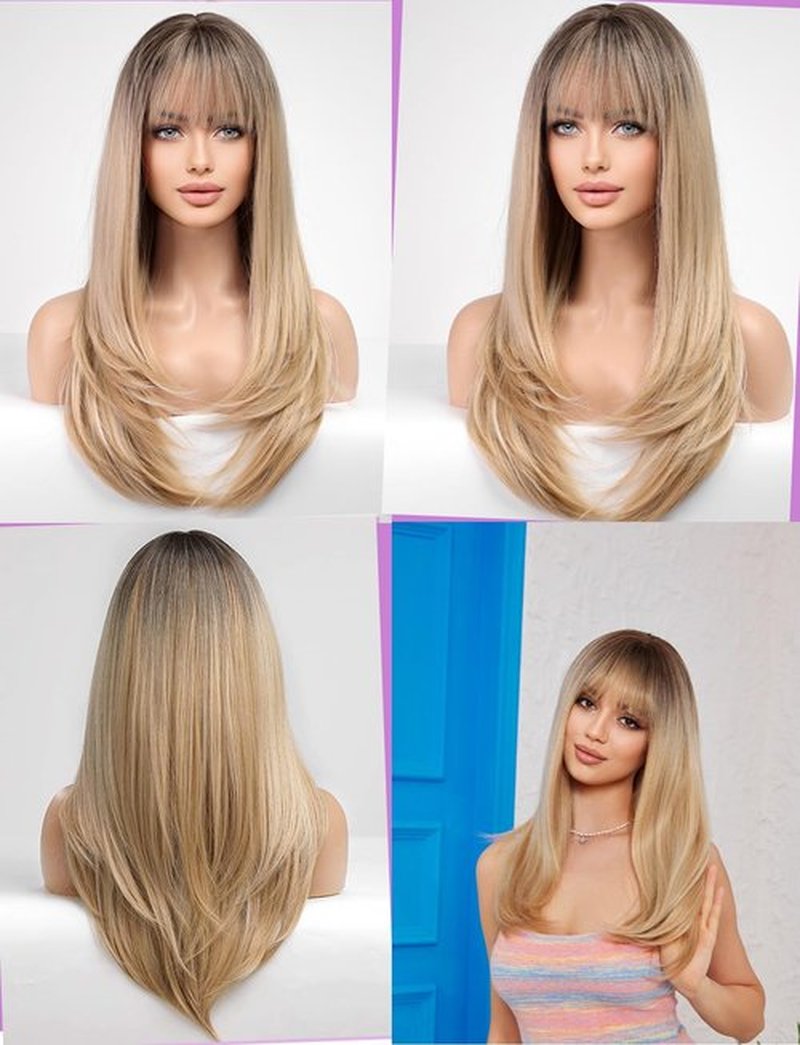 Getshow Blonde Wigs for Women Layered Straight Long Wig with Bangs Natural Synthetic Hair with Dark Roots