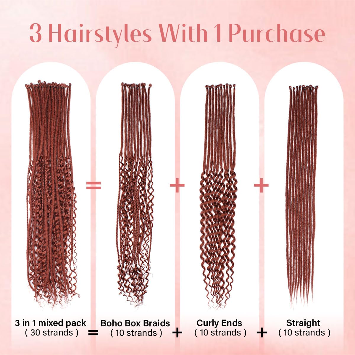 Quiduis 30 Inch 30 Strands SE Dreadlock Extensions,3 In 1 Mixed Synthetic Dreads Extensions,Maroon Red Curly&Straight&Boho Single Ended Dreads Extensions Hippie Style Dreadlock for Women…