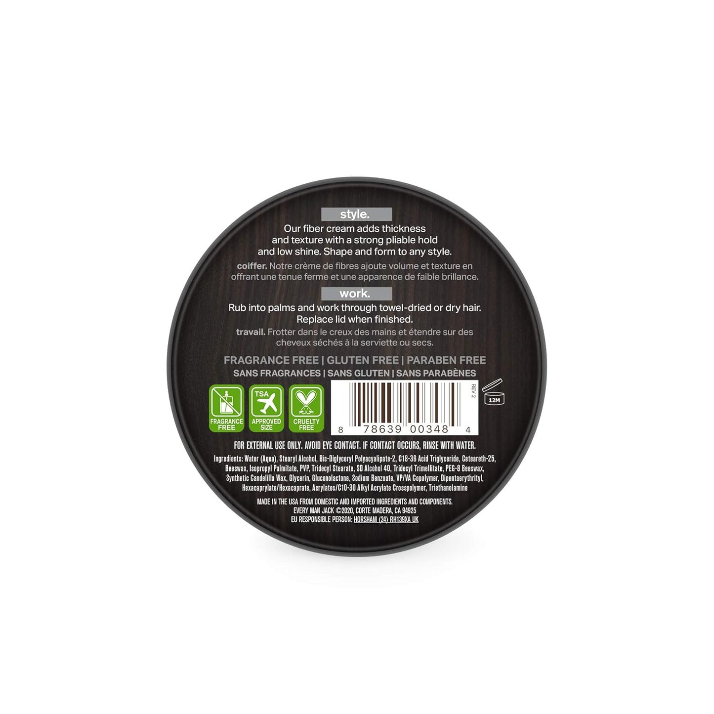 Every Man Jack Mens Fiber Cream - Add All Day Thickness and Texture with a Strong, Pliable Hold, Matte Finish, and Low Shine - Non-Greasy, For All Hair Types, Fragrance Free - 3.4-ounce - 1 Tin