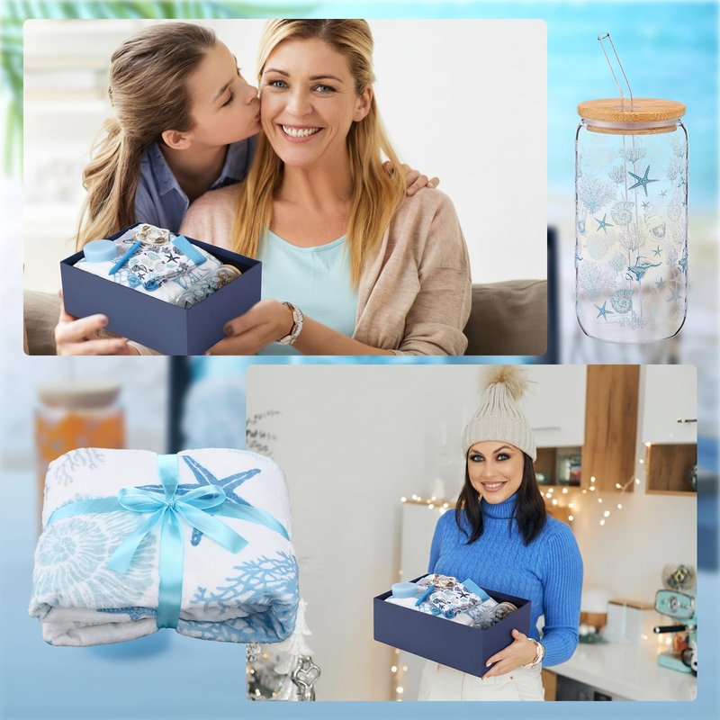 Acellegic Ocean Beach Birthday Gift Set for Women Throw Blanket 50 x 60 Inch Starfish Seashell Coral Themed Include Bracelet, Card, Pen, Soap, Glass Tumbler, Socks for Her Friend Mom Thinking of You
