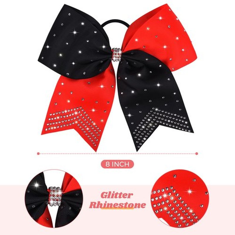 DEEKA 10 PCS Rhinestones Two Toned Large Cheer Hair Bows 7" Glitter Cheer Ponytail Holder Handmade for Teen Girls Softball Cheerleader Sports -Red/Black
