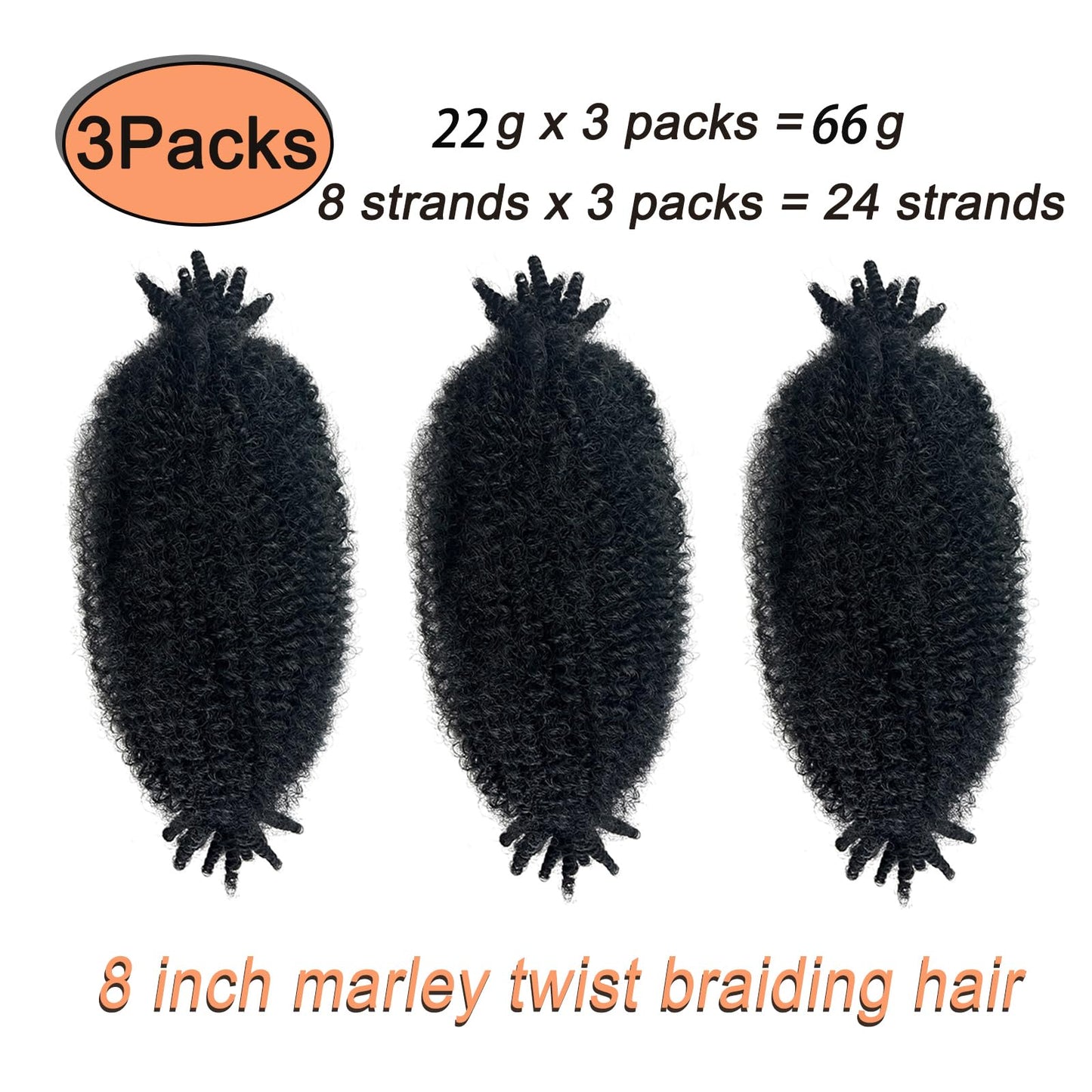 3 Packs Marley Twist Braiding Hair, Springy Afro Twist Hair Pre-Separated Kinky Twist Crochet Hair Braids for Distressed Soft Locs Spring Twist Hair for Girls (Natural Black, 8 Inch(Pack of 3))