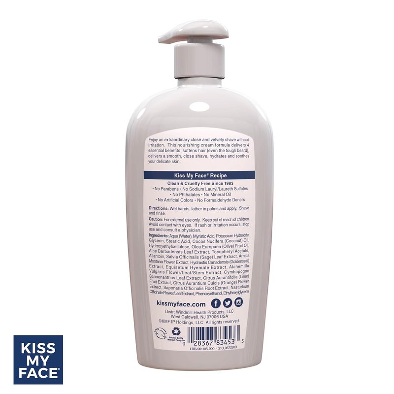 Kiss My Face Fragrance-Free Moisture Shave Cream - 4-in-1 Formula with Olive Oil & Aloe | 11 fl Oz Pump Bottle