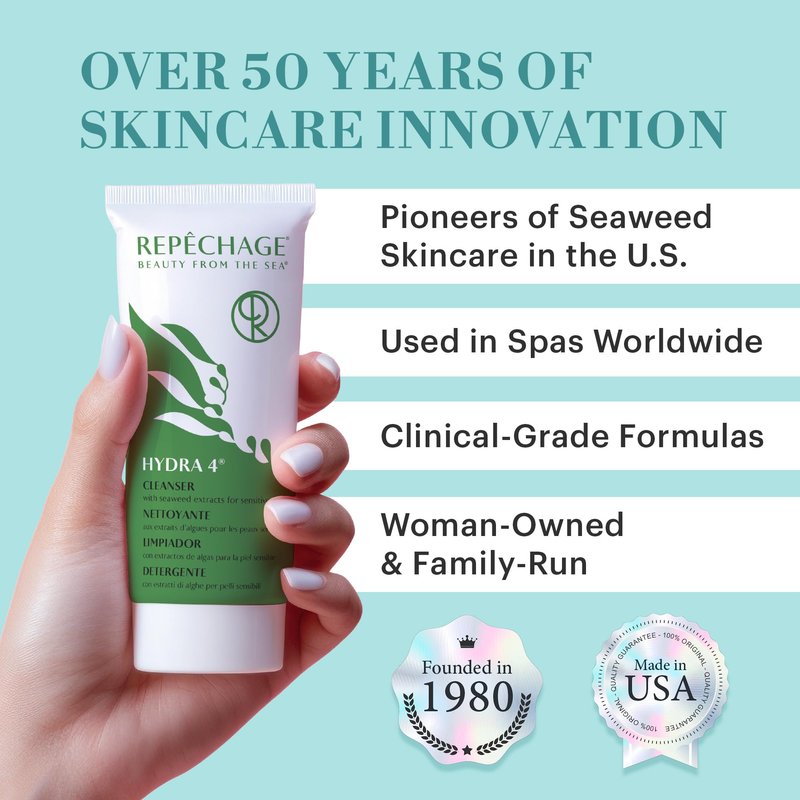 Repechage Hydra 4 Cleanser for Sensitive Skin – Gentle Daily Facial Cleanser with Seaweed Extracts, Coconut & Olive Oils, Lactic Acid for Light Exfoliation & Removes Makeup, Balances Skin, 177mL / 6oz
