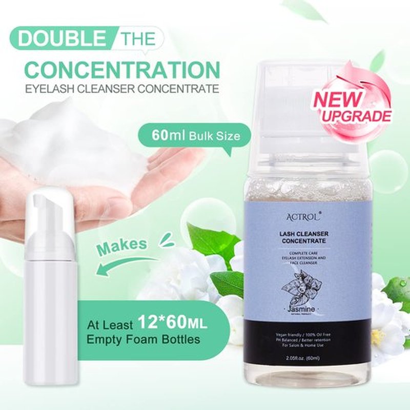 ACTROL Eyelash Cleanser Concentrate 60ml Jasmine Professional Lash Shampoo Foaming Cleanser DIY Non-lrritating Wash for Extensions Lashes with Salon Home Care-Makes 12 Bottles
