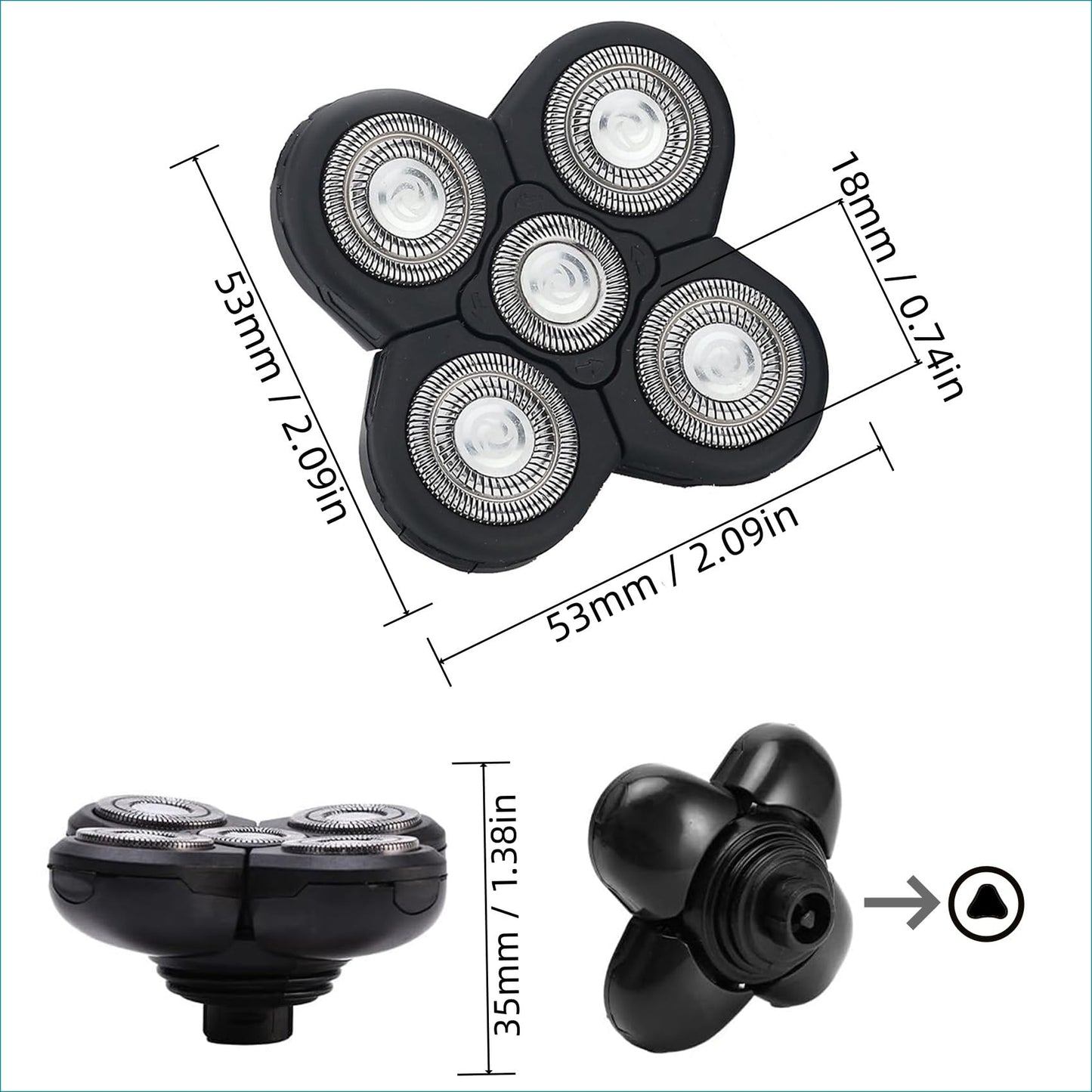Men 5 Blade Rotary Razor 5D Replacement Head, Alternate Floating Washable Electric Shavers Trimmer Electric Shaving Head (Black-2Pcs)