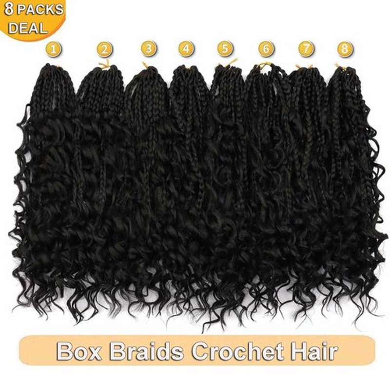8 Packs Crochet Box Braids with Curly Ends Boho Braids 10 Inch Goddess Box Braids Crochet Hair Bohemian Box Braid Hair (1B, 10 inch 8 pack)