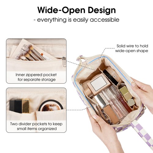 Narwey Checkered Makeup Bag Women Wide-open Make up Bag Travel Cosmetic Bag Organizer Toiletry Bag for Cosmetics Toiletries Accessories (Purple Checkerboard)